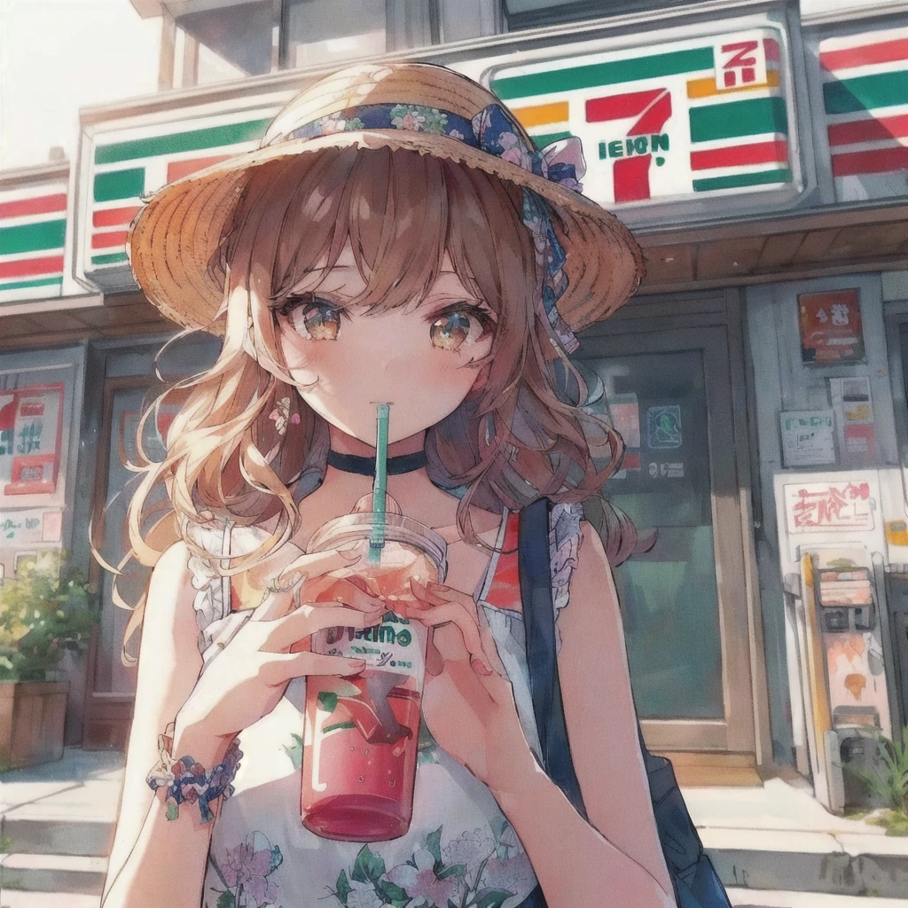 Anime girl drinking a drink outside a convenience store,Tree Eyes,A sullen look,Seven-Eleven,7-11,Soda themed girl, Anime girl drinking juice, 80s anime style,Lofi, 4k anime wallpaper, Lo-fi Girl, artwork in the style of Gwaiz, 4K Manga Wallpapers, Cute girl anime visuals, anime wallpaper 4k, anime wallpaper 4k, Gwaiz