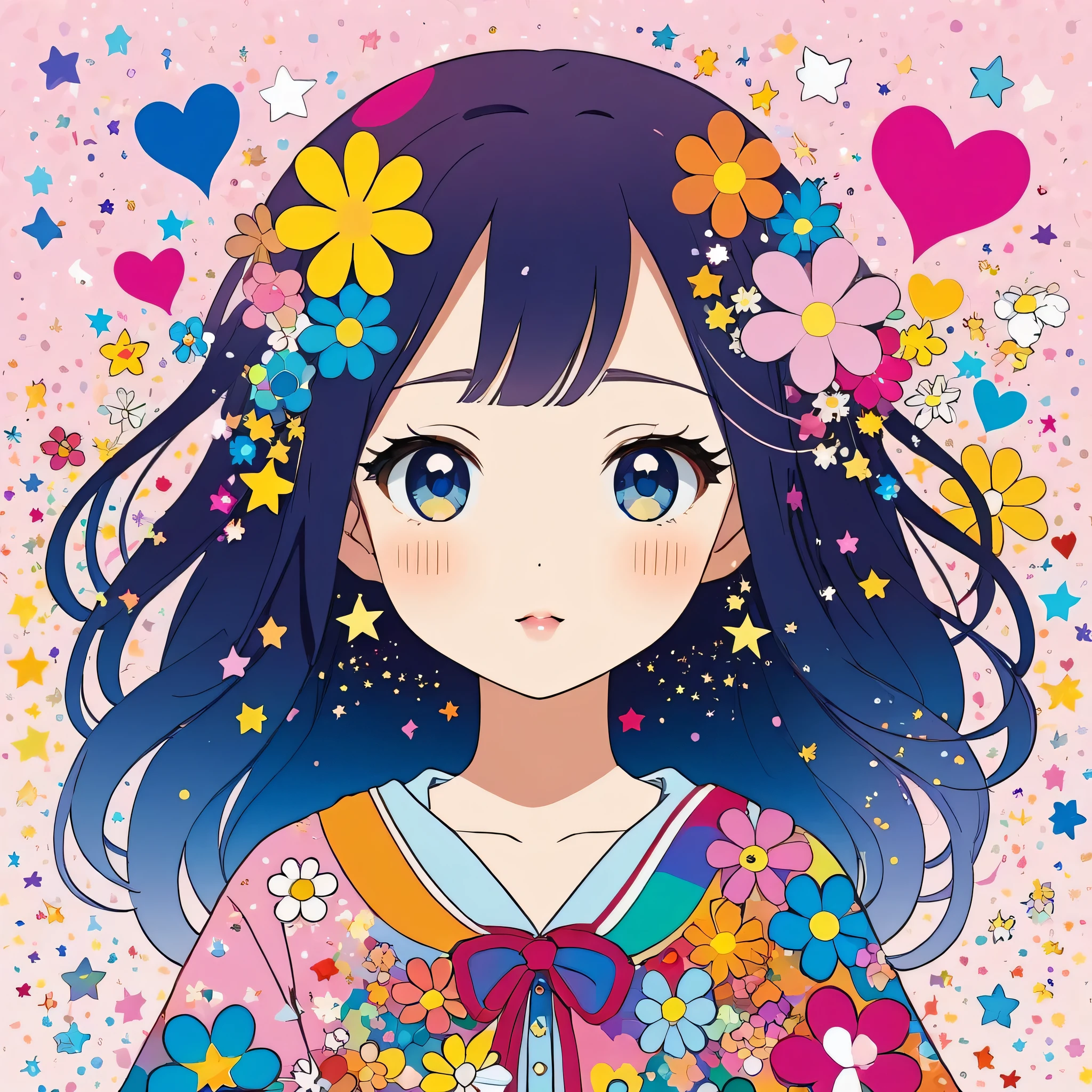 Takashi Murakami style, Simple Line Initialism，Abstract art，Kawaii Design, The most beautiful girl of all time、chibi, The background is star dust, colorful hearts, colorful flowers,