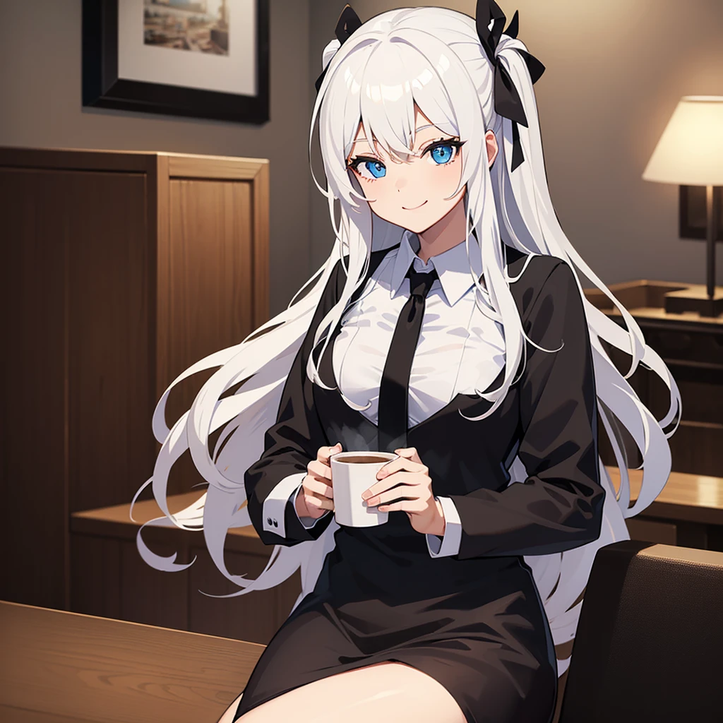 Best Quality,top-quality, drinking coffee cup in office，(animesque), bussines shirt,  sunglasses, long white hair, black ribbons , smile, blue eyes