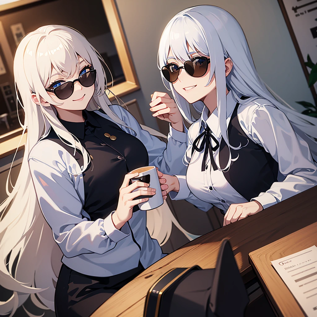 Best Quality,top-quality, drinking coffee cup in office,(animesque), bussines shirt, sunglasses, long white hair, black ribbons , smile, blue eyes