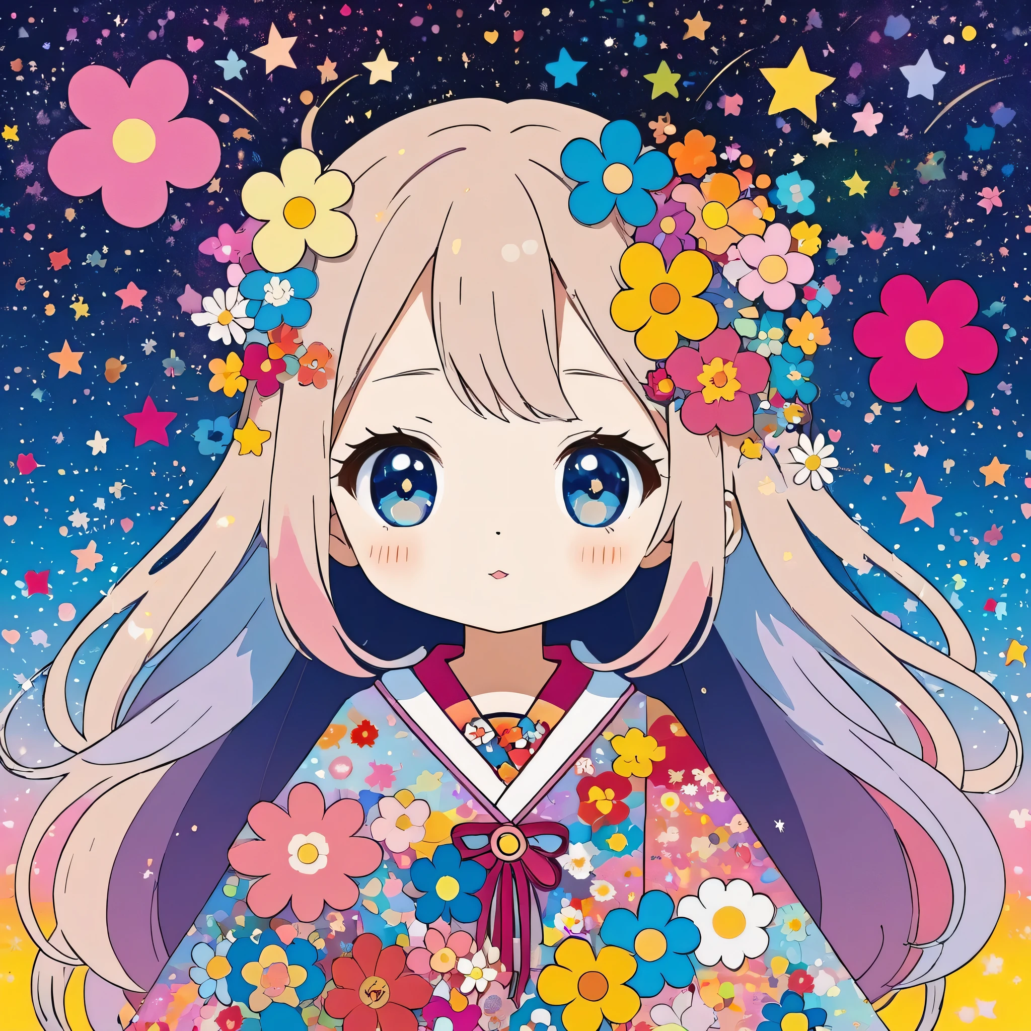 Takashi Murakami style, Simple Line Initialism,Abstract art,Kawaii Design, The most beautiful girl of all time、chibi, The background is star dust, colorful hearts, colorful flowers,
