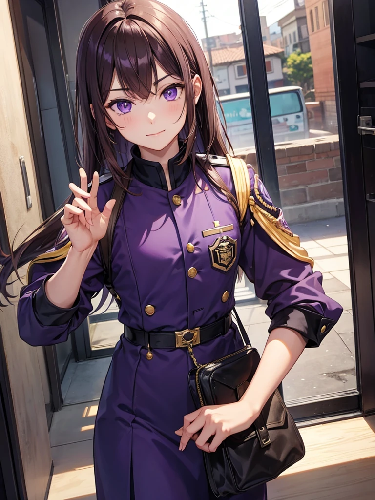 male, purple eyes, brown curry hair, wear uniform, not smile