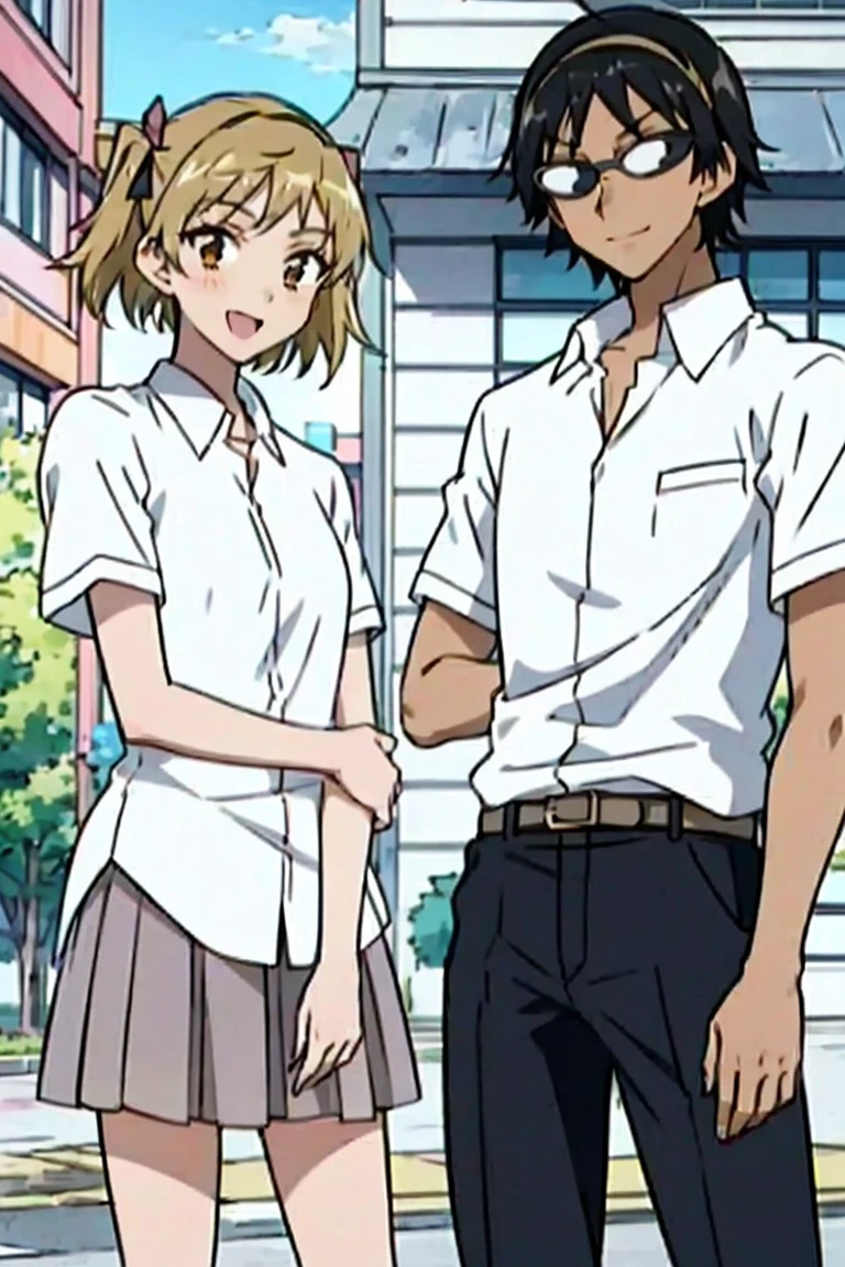1 boy and 1 girl stand in the street,sawachika eri, brown eyes, hair ribbon,harimakenji, glasses, hairband, looking_at_viewer, serious, gakuran, white_shirt,smile,happy,two persons