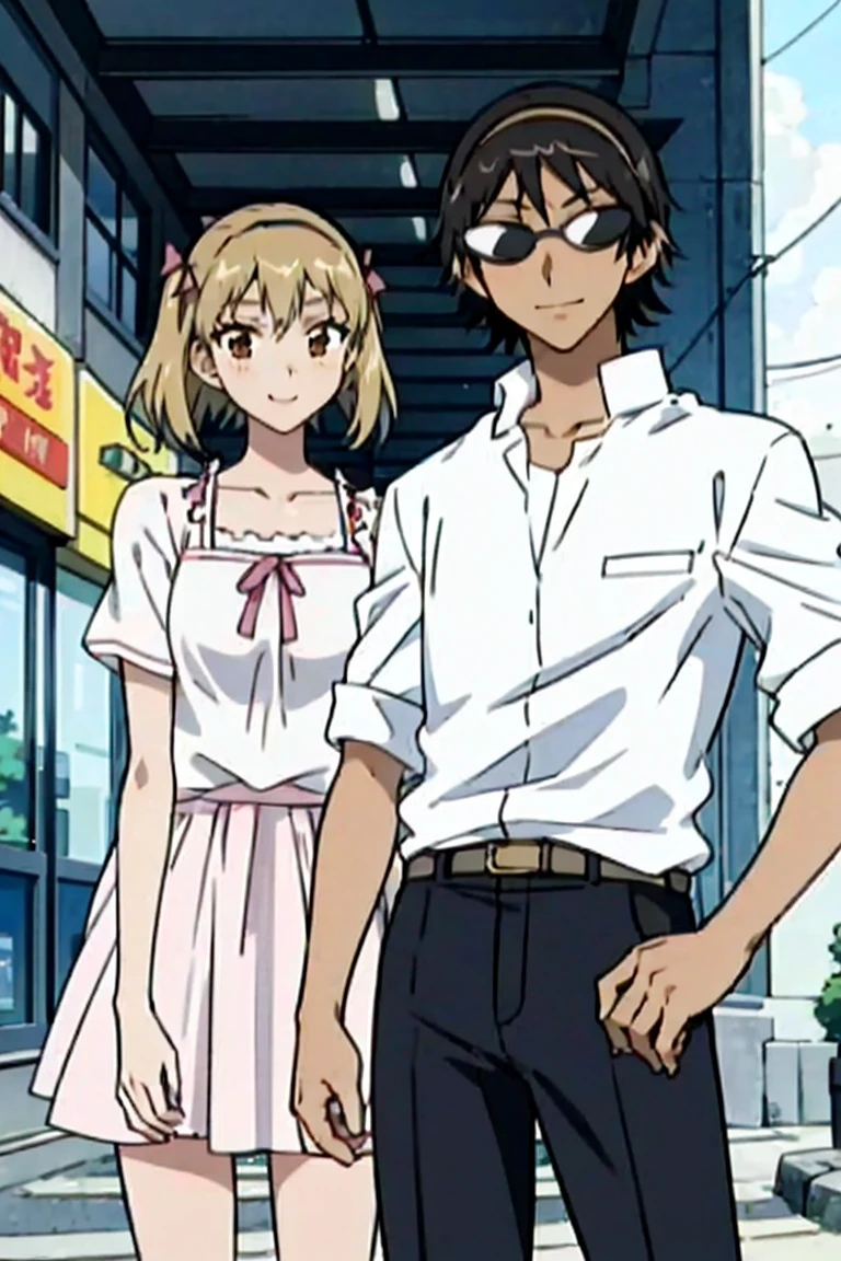 1 boy and 1 girl stand in the street,sawachika eri, brown eyes, hair ribbon,harimakenji, glasses, hairband, looking_at_viewer, serious, gakuran, white_shirt,smile,happy,two persons