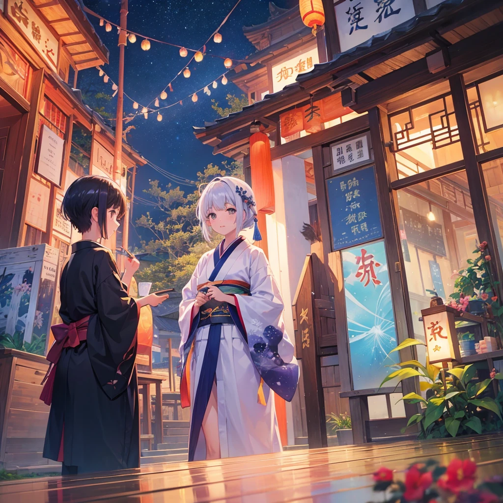 Tanabata in the night sky　Girls and men in Chinese style kimonos（lover）　Bamboo forest and paper strips　Have shaved ice　restaurant　Multiple display monitors in the background（anime　）　Aquarium（Goldfish）