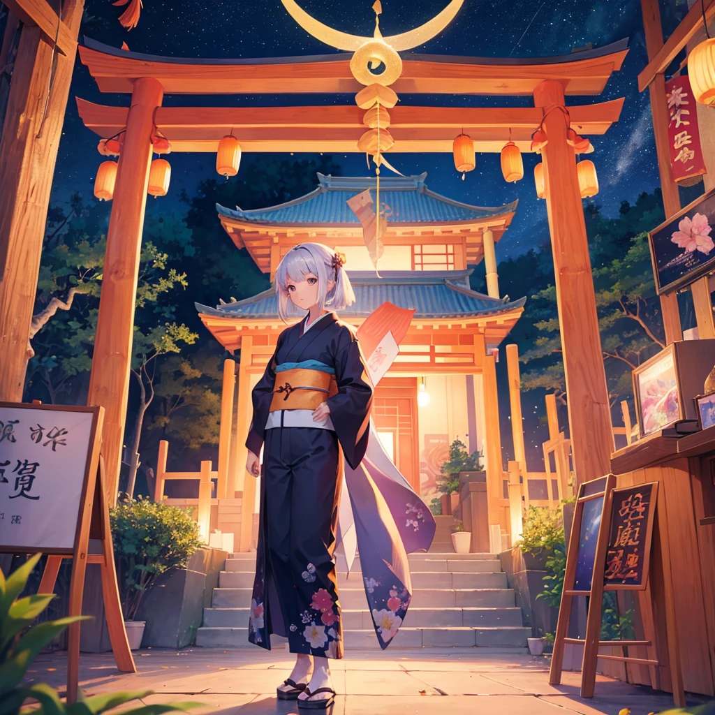 Tanabata in the night sky Girls and men in Chinese style kimonos(lover) Bamboo forest and paper strips Have shaved ice restaurant Multiple display monitors in the background(anime ) Aquarium(Goldfish)
