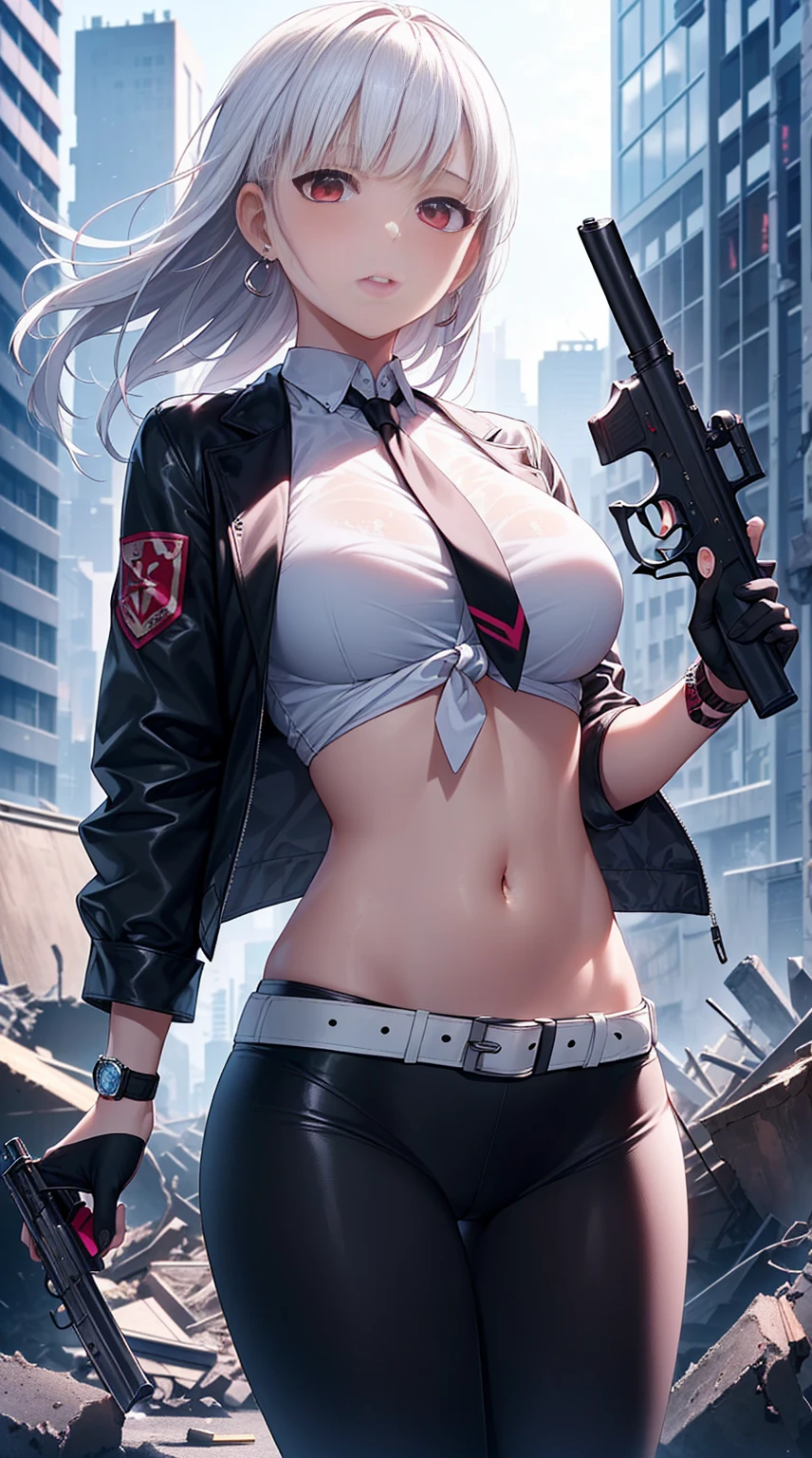 1girl, close up shot, (white hair, medium hair, large breasts, red eyes), perfect anatomy, city, cyberpunk style, ((white shirt, black jacket, black skirt, navel, belt, black gloves, neck tie, wrist watch, earrings, see through black leggings)), ((holding gun)), war, ruined city, battle field, rubble, buildings,cigarette