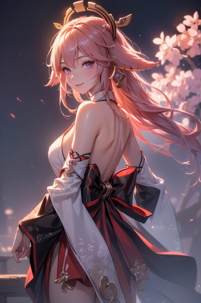 ((yaemikodef)):1.5, ((masterpiece,Highest quality,Highly detailed images,Beautiful images、Dutch Angle)), (Image of yaemiko smiling in front of lightning、Overall dim lighting、Backlight、Fantastic dark atmosphere、Thick Fog、Dust flutters),(Dynamic pose)1.2, sideboob