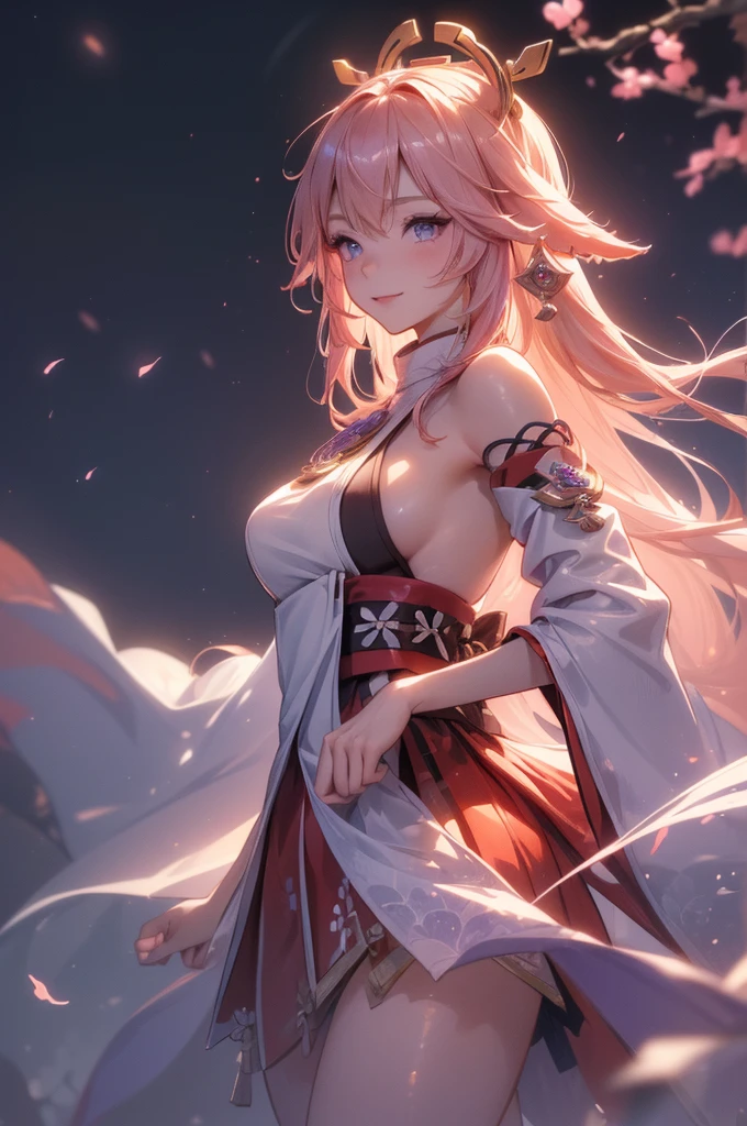 ((yaemikodef)):1.5, ((masterpiece,Highest quality,Highly detailed images,Beautiful images、Dutch Angle)), (Image of yaemiko smiling in front of lightning、Overall dim lighting、Backlight、Fantastic dark atmosphere、Thick Fog、Dust flutters),(Dynamic pose)1.2, sideboob