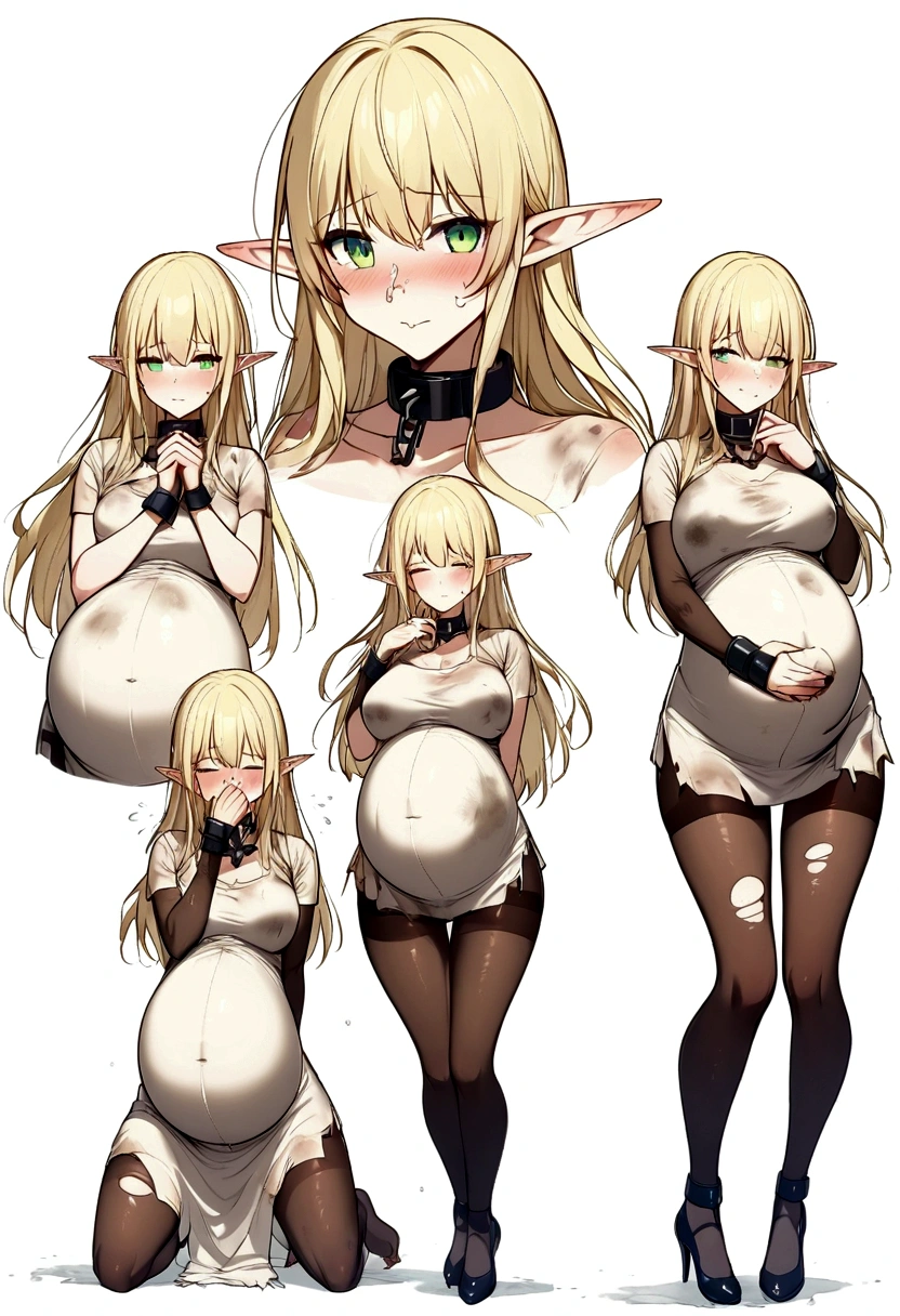 Anime. 1girl. Elf. Slave. Pregnant. Barren pregnancy. Slave collar. Shackles. Dirty tunic. Torn tunic. Blonde. Long hair. Green eyes. Beautiful eyes. Pointy ears. Cold. Runny nose. Sneeze. Sneezes. Snot flows from the nose. Covers his nose with his hands. Snot runs from the nose to the palms after sneezing. Contractions. Waste water Loss of amniotic fluid after sneezing. Full body.