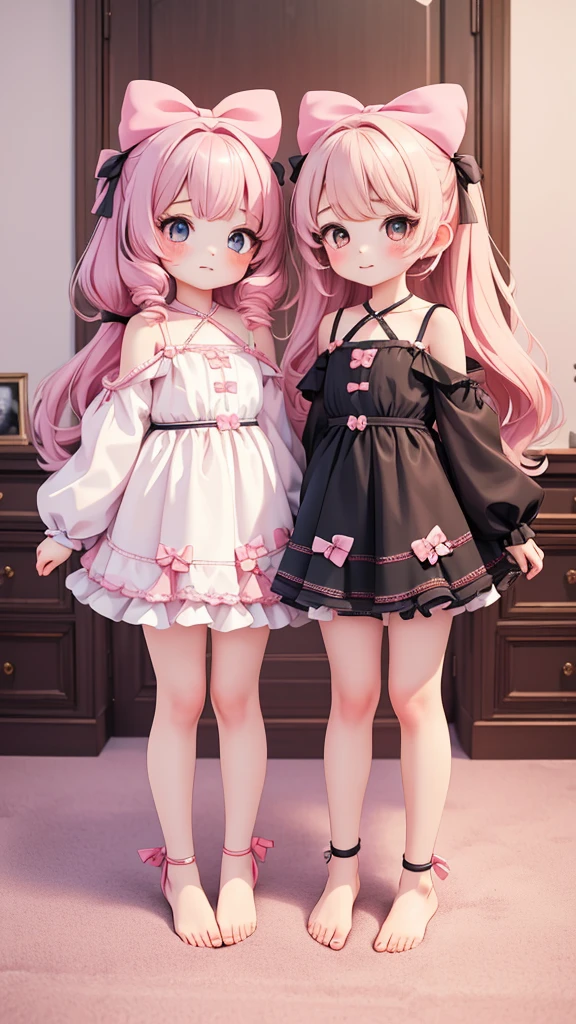 ((2girls)), ((petite kawaii, jk bishojo)), ((kawaii  face)), ((puffy eyes)), (masterpiece), (best quality), (ultra detailed), (8k), (depth), (exquisite), (crisp), ((highres)), (high standard), (beautiful and aesthetic), (super detailed skin), (perfect ???????), (lipstick), (blush), (strap slip), (bare foot), (one room), (big bow in hair), (wariza)