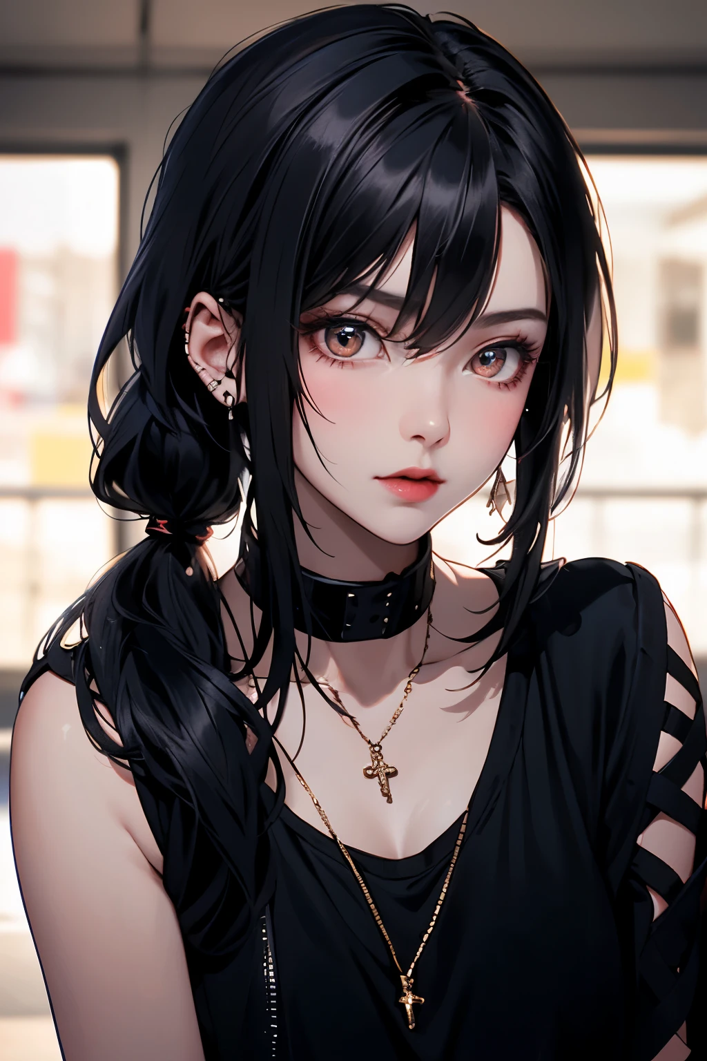 a 20 yo woman、Black blue Hair、poneyTail、(hi-top fade:1.3)、dark themed、Muted Tones、Subdued Color、highly contrast、(natural skin textures、Hyper-Realism、Soft light、sharp)