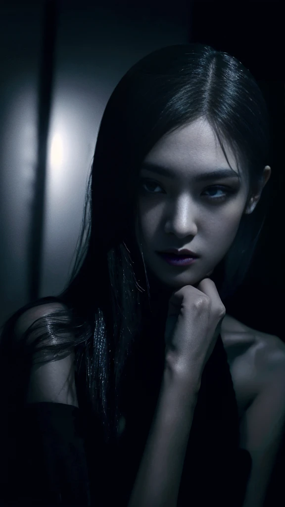 (best quality, highres:1.2), realistic, black dress, black hair, dark theme, black background, dark ninja, intense gaze, elegant posture, flowing dress, detailed facial features, long eyelashes, contrast, fine details, dramatic atmosphere, gothic style, intense emotions, monochrome color palette, captivating setting, haunting beauty, artistic photography, everything is black
