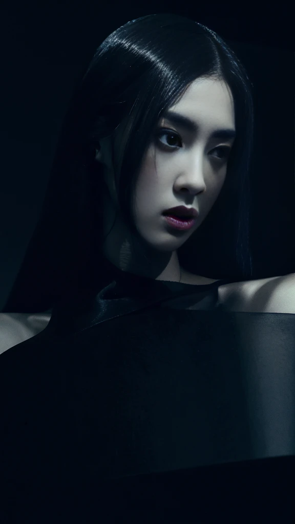 (best quality, highres:1.2), realistic, black dress, black hair, dark theme, black background, dark ninja, intense gaze, elegant posture, flowing dress, detailed facial features, long eyelashes, contrast, fine details, dramatic atmosphere, gothic style, intense emotions, monochrome color palette, captivating setting, haunting beauty, artistic photography, everything is black