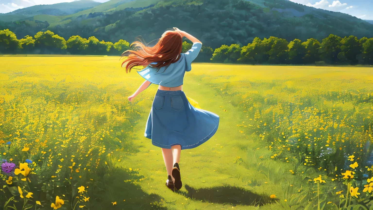 (masterpiece:1.5),(highest quality:1.5),(HDR:1.3),ambient light,ultra-high quality,(ultra detailed original illustration),8k,(((((1 girl, back view))))),A 16-year-old girl with long,flowing auburn hair,braided with colorful ribbons,stands with her back to the viewer,arms outstretched as she spins in a field of wildflowers. Her face is lit by a bright,joyful smile,her eyes closed as she feels the warmth of the sun on her skin and the breeze blowing through her hair. She wears a simple denim jacket,the sleeves rolled up,and a pair of comfortable jeans,her bare feet dancing on the soft,green grass. Behind her,a sprawling meadow stretches out towards a distant,rolling hillside. The sky is a brilliant blue,dotted with puffy white clouds,and the air is alive with the buzzing of bees and the chirping of birds. The scene is bathed in the warm,golden light of the afternoon sun,highlighting the vibrant colors of the wildflowers and the girl's joyful expression. The art style is a mix of realism and whimsy,capturing the beauty of nature and the girl's youthful energy with a sense of warmth and optimism.,