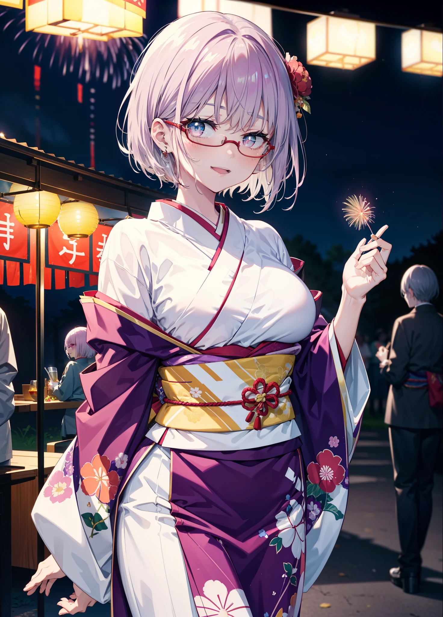 akaneshinjou, shinjou akane, Light purple hair, (Pink Eyes:1.2), happy smiles, Flower Hair Ornaments,smile, Open your mouth,short hair,Red-rimmed glasses,Big Breasts,Purple kimono,Long skirt,Thick sleeves,Japanese Festivals,Summer festival food stalls,Red Lantern,firework,場所はfirework大会、Time is night,Are standing,whole bodyがイラストの中に入っていくように,
break looking at viewer, whole body, 　　　　　　　　break indoors, room,　　　　　　　　　　 　　　break (masterpiece:1.2), Highest quality, High resolution, unity 8k wallpaper, (shape:0.8), (Beautiful and beautiful eyes:1.6), Highly detailed face, Perfect lighting, Extremely detailed CG, (Perfect hands, Perfect Anatomy),