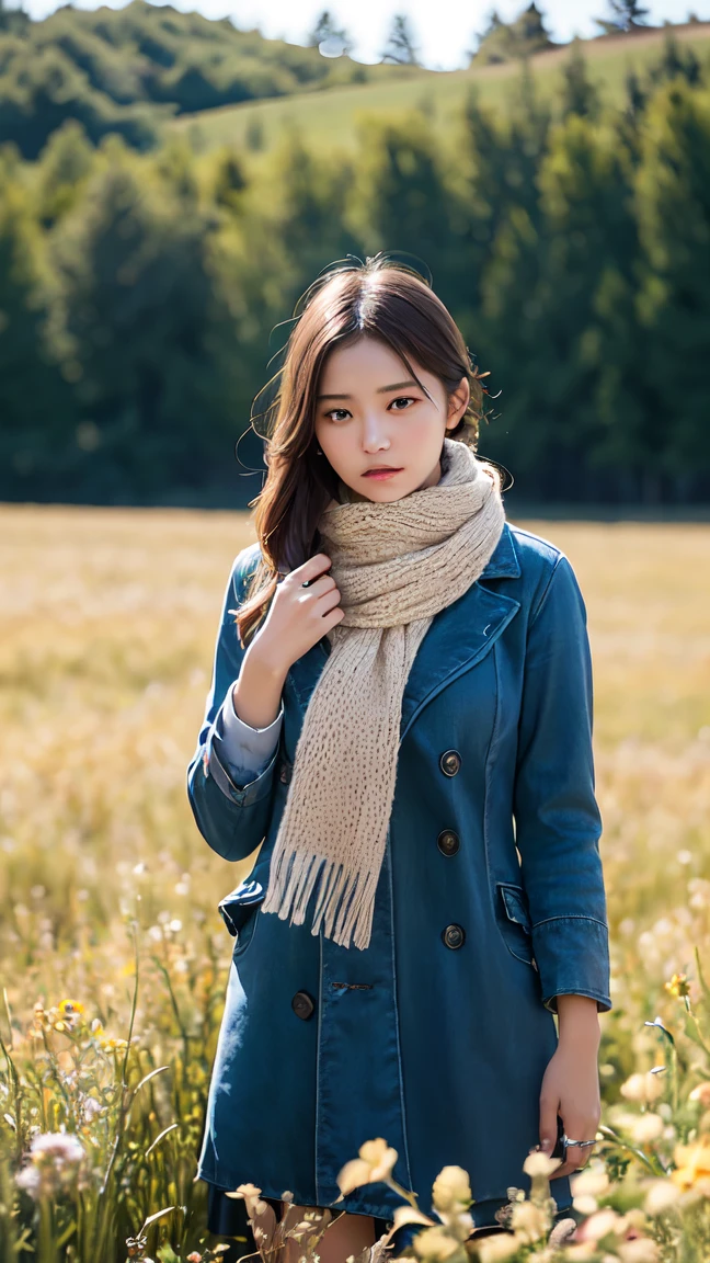8K, Highest quality, masterpiece, Realistic, Super detailed, photo Realistic, Improvement of quality, Photo of a girl standing in a field wearing a scarf, The designer&#39;s dark and gloomy style, Large chunk, Photobash, Calm face, Jagged Edges, navy, Natural Beauty, Close-up shot