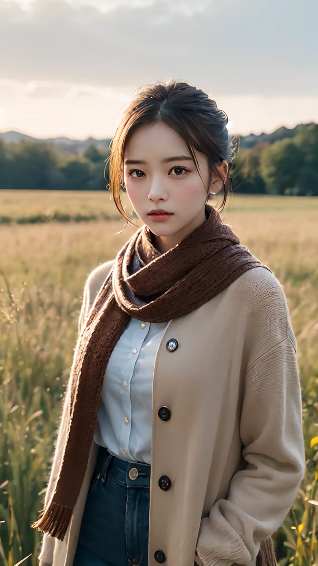 8K, Highest quality, masterpiece, Realistic, Super detailed, photo Realistic, Improvement of quality, Photo of a girl standing in a field wearing a scarf, The designer's dark and gloomy style, Large chunk, Photobash, Calm face, Jagged Edges, navy, Natural Beauty, Close-up shot