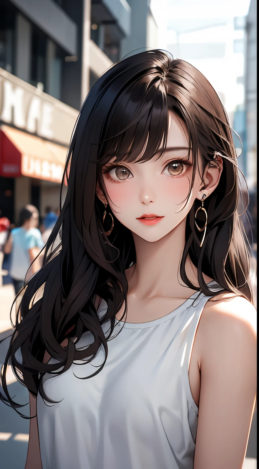 masterpiece, highest quality, pixiv, cool girl, lots of earrings, earrings, dark brown hair, curly hair, dull bangs, straight bangs, gray eyes, white skin, gal, Improve