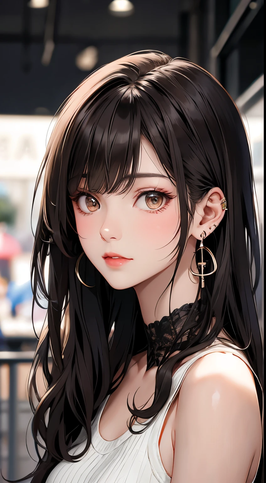 masterpiece, highest quality, pixiv, cool girl, lots of earrings, earrings, dark brown hair, curly hair, dull bangs, straight bangs, gray eyes, white skin, gal, Improve