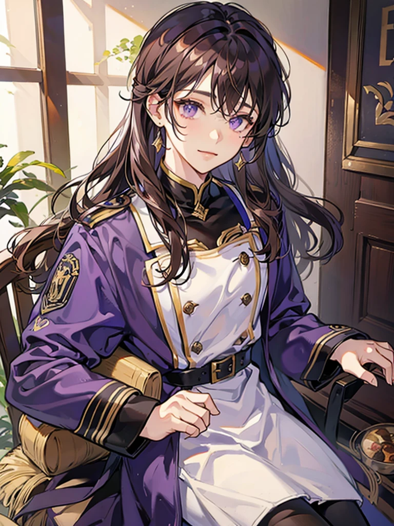 male, purple eyes, brown curry hair, wear uniform, not smile