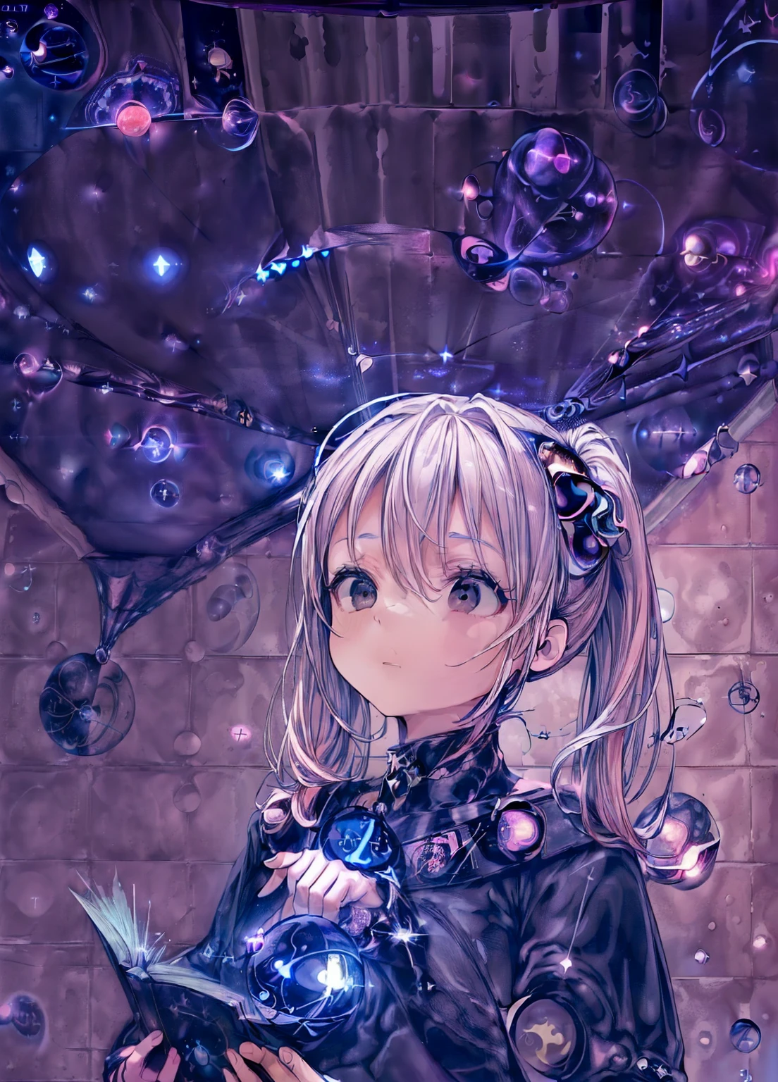 (masterpiece、Highest quality、Highest quality、Official Art、Beautiful and beautiful:1.2)、(One girl:1.3)Hatsune Miku、Twin tails,Beautiful breasts,(In 8K, Highest quality, Tabletop:1.2, Ultra-detailed:1.2), (Realistic:1.5,Realistic:1.2,Dutch Angle:1.2, Browsing Caution), High resolution, Best lighting,Best Shadow, (1 cute girl:1.3),(17yo:1.2),(((1. A tiny, very shiny, blue magic ball with a pink aura floating in the palm of your hand:1.8,Palm facing up:1.8))),((Brown hair with ribbon:1.5,ショートTwin tails:1.2)),Face Focus,(((Detailed black eyes:1.6,Best Hand:1.5,The best finger:1.5,Best body:1.5))),
break
, Magical girl, Light manipulation,
break
, Photo Editing, The reality has changed, Fantastic scene, Digital art, Creative Editing, moving story, Impressive visuals,(((Magic Workshop:1.2,1 bookshelf:1.2,A dimly glowing book:1.5,The ceiling and walls are like a planetarium:1.8))),
break
, Filmography, Dynamic Movement, Engineering ingenuity, Captivating visuals