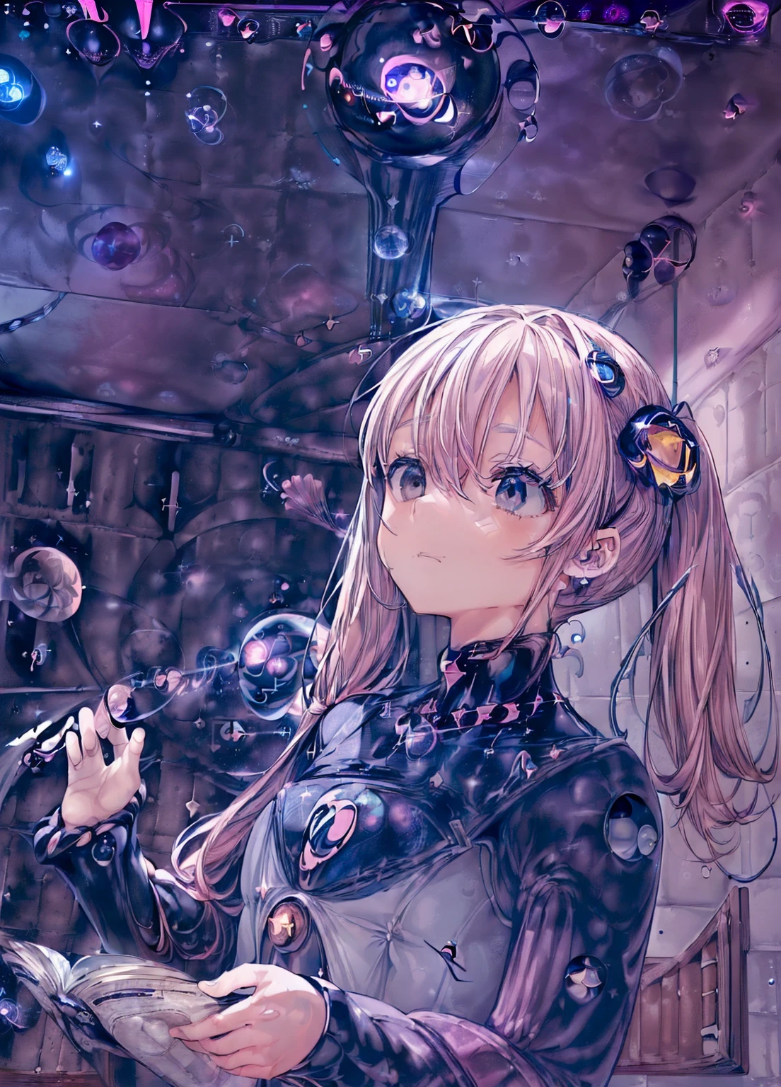 (masterpiece、Highest quality、Highest quality、Official Art、Beautiful and beautiful:1.2)、(One girl:1.3)Hatsune Miku、Twin tails,Beautiful breasts,(In 8K, Highest quality, Tabletop:1.2, Ultra-detailed:1.2), (Realistic:1.5,Realistic:1.2,Dutch Angle:1.2, Browsing Caution), High resolution, Best lighting,Best Shadow, (1 cute girl:1.3),(17yo:1.2),(((1. A tiny, very shiny, blue magic ball with a pink aura floating in the palm of your hand:1.8,Palm facing up:1.8))),((Brown hair with ribbon:1.5,ショートTwin tails:1.2)),Face Focus,(((Detailed black eyes:1.6,Best Hand:1.5,The best finger:1.5,Best body:1.5))),
break
, Magical girl, Light manipulation,
break
, Photo Editing, The reality has changed, Fantastic scene, Digital art, Creative Editing, moving story, Impressive visuals,(((Magic Workshop:1.2,1 bookshelf:1.2,A dimly glowing book:1.5,The ceiling and walls are like a planetarium:1.8))),
break
, Filmography, Dynamic Movement, Engineering ingenuity, Captivating visuals