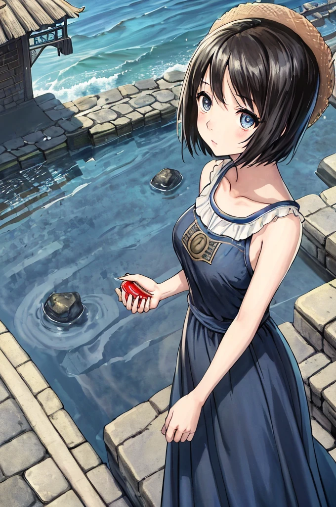 (masterpiece)、Highest quality、Ultra-high resolution、in front_Misaki、Short Hair、cute、Black long dress、Cobblestone Street、Lonely face、blue sea、Beautiful Landscape、Straw hat、View your viewers、Wave one hand、The blazing sun、beautiful girl、Blue sky、Coca-Cola　、Hollow Eyes