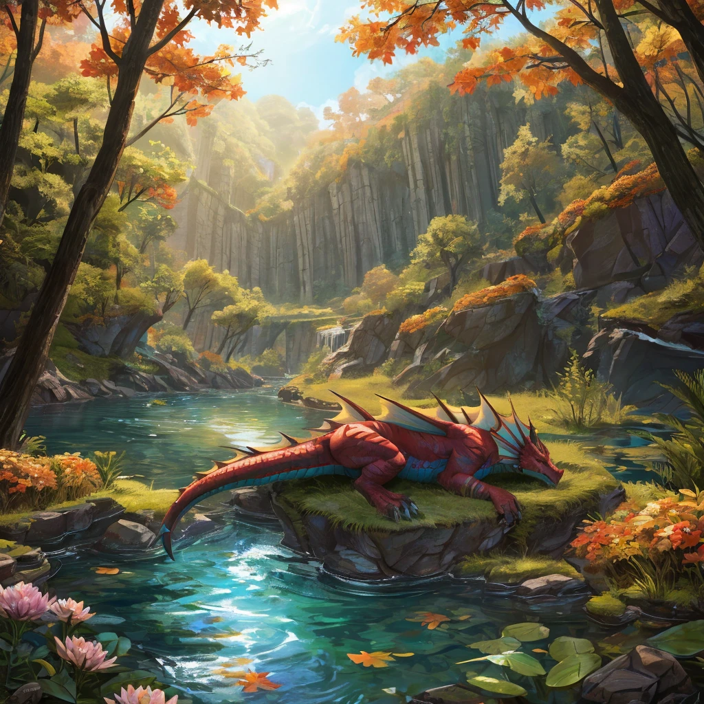 HD, World of Warcraft,tract,A beautiful and detailed portrait of a large male wild scaly cat,Quadrupeds, dragon, Hiroshi,Solitary, template, big Body, sexy Body, shrink Body, Brown_Anti-shading,goddess, Looking at the audience, minus, Ross Chen,Ruan Jia, Popular on ArtStation, Foxworth, light, Body, Tempting, full Body, Looking at the audience, ambient soft lighting, 4K, outdoor, nature, forest, Trees, Grass, plant, Flowers, river, Caustic lines, Water Flow, ripple, (Fall:1.2), pond, jungle, Lush leaves, (((side view,layout,Third person perspective,lower)))