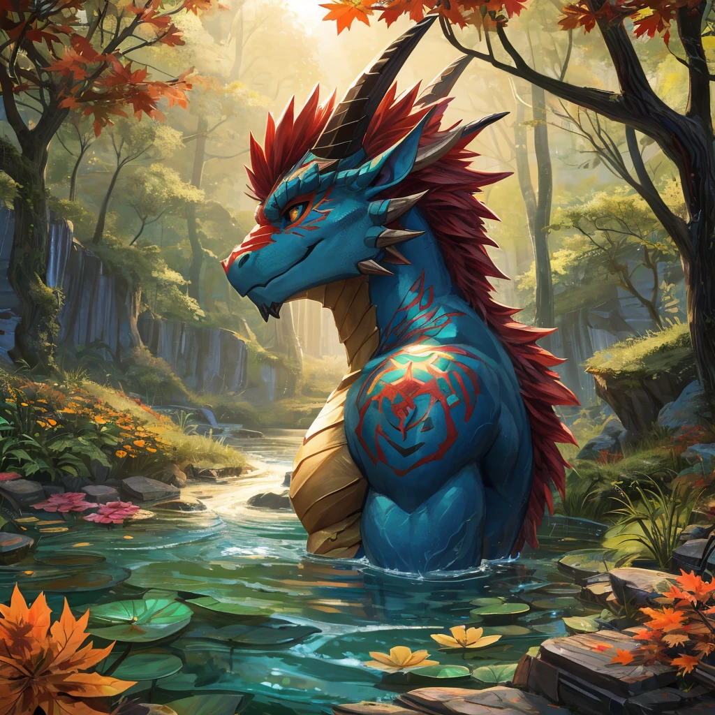 HD, World of Warcraft,tract,A beautiful and detailed portrait of a large male wild scaly cat,Quadrupeds, dragon, Hiroshi,Solitary, template, big Body, sexy Body, shrink Body, Brown_Anti-shading,goddess, Looking at the audience, minus, Ross Chen,Ruan Jia, Popular on ArtStation, Foxworth, light, Body, Tempting, full Body, Looking at the audience, ambient soft lighting, 4K, outdoor, nature, forest, Trees, Grass, plant, Flowers, river, Caustic lines, Water Flow, ripple, (Fall:1.2), pond, jungle, Lush leaves, (((side view,layout,Third person perspective,lower)))