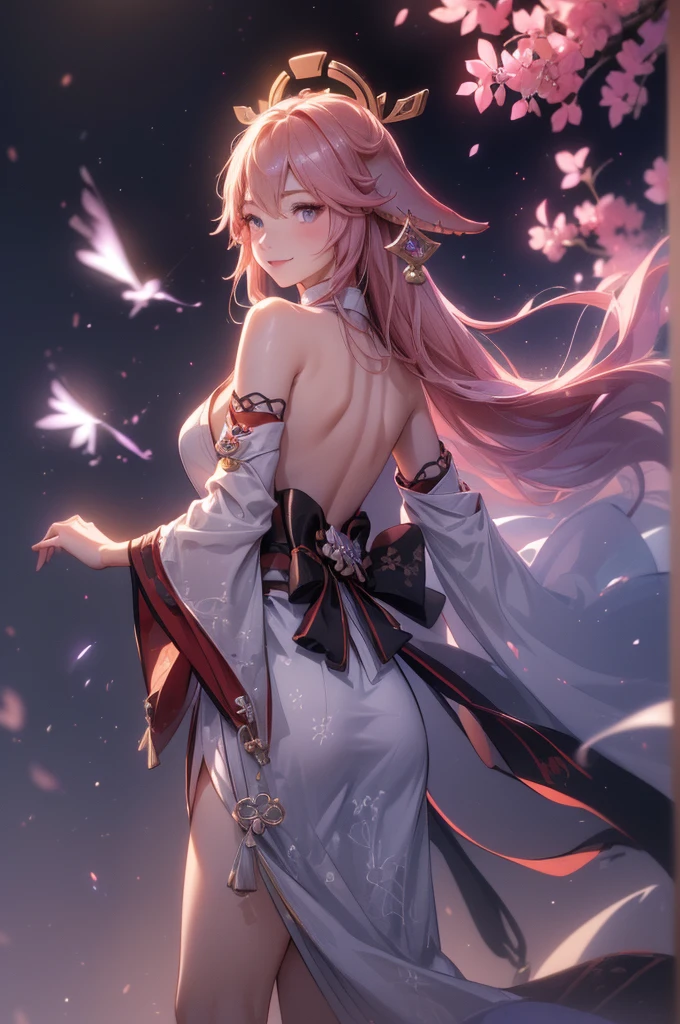 ((yaemikodef)):1.5, ((masterpiece,Highest quality,Highly detailed images,Beautiful images、Dutch Angle)), (Image of yaemiko smiling in front of lightning、Overall dim lighting、Backlight、Fantastic dark atmosphere、Thick Fog、Dust flutters),(Dynamic pose)1.2, sideboob
