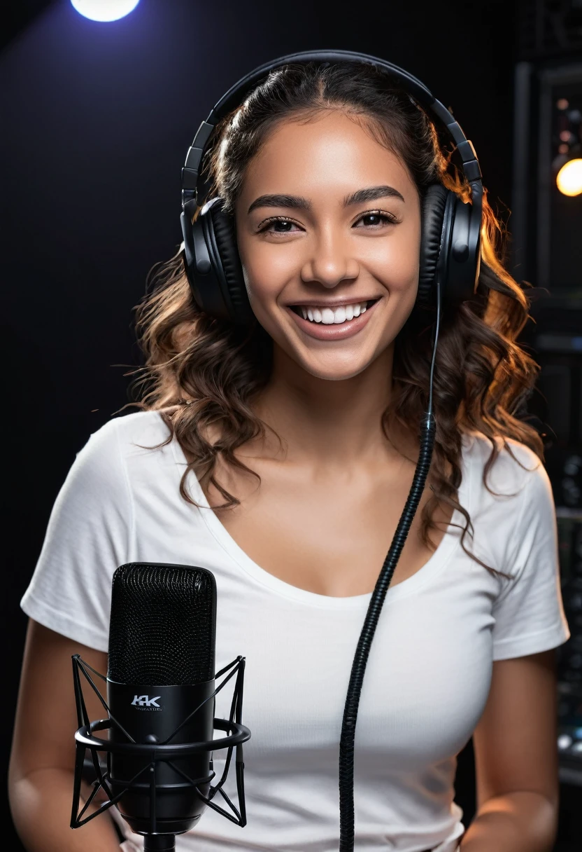 8k, big smile, beautiful mixed girl with long slightly wavy hair, wearing white short top, sweet chest, black recording headset, surrounded by black recording studio with black recording microphone, dramatic lighting, (best quality,4k,8k,highres,masterpiece:1.2),ultra-detailed,(realistic,photorealistic,photo-realistic:1.37),portrait,landscape,studio lighting,vivid colors,bokeh