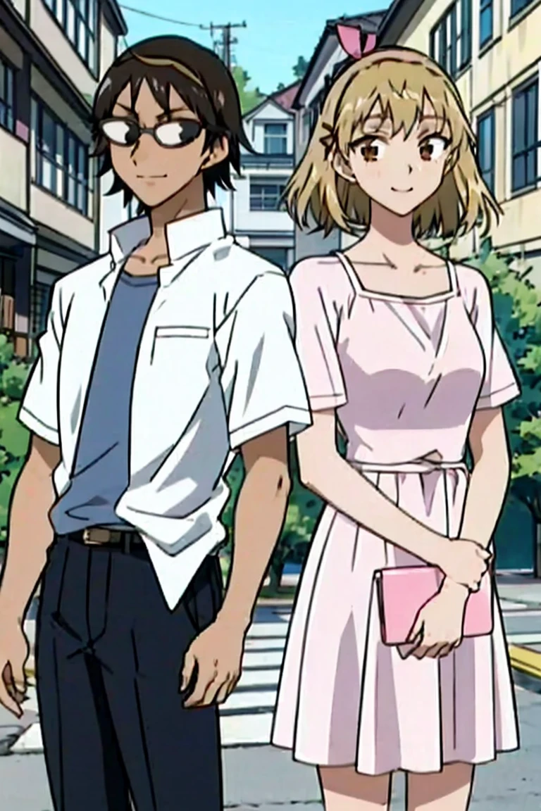 1 boy and 1 girl stand in the street,sawachika eri, brown eyes, hair ribbon,harimakenji, glasses, hairband, looking_at_viewer, serious, gakuran, white_shirt,smile,happy,two persons