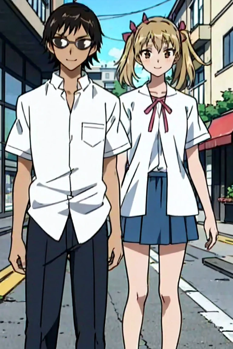 1 boy and 1 girl stand in the street,sawachika eri, brown eyes, hair ribbon,harimakenji, glasses, hairband, looking_at_viewer, serious, gakuran, white_shirt,smile,happy,two persons