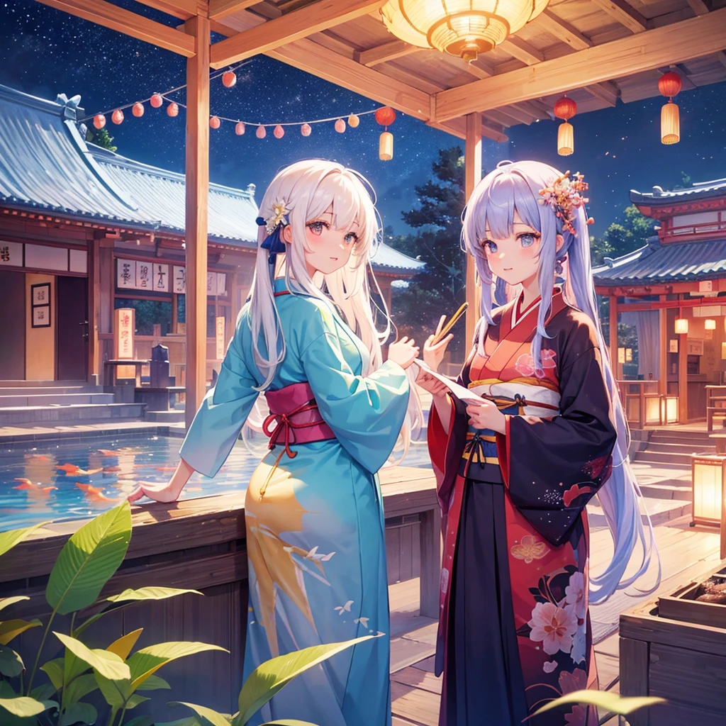 Tanabata in the night sky　Girls and men in Chinese style kimonos（lover）　Bamboo forest and paper strips　Have shaved ice　restaurant　Multiple display monitors in the background（anime　）　Aquarium（Goldfish）