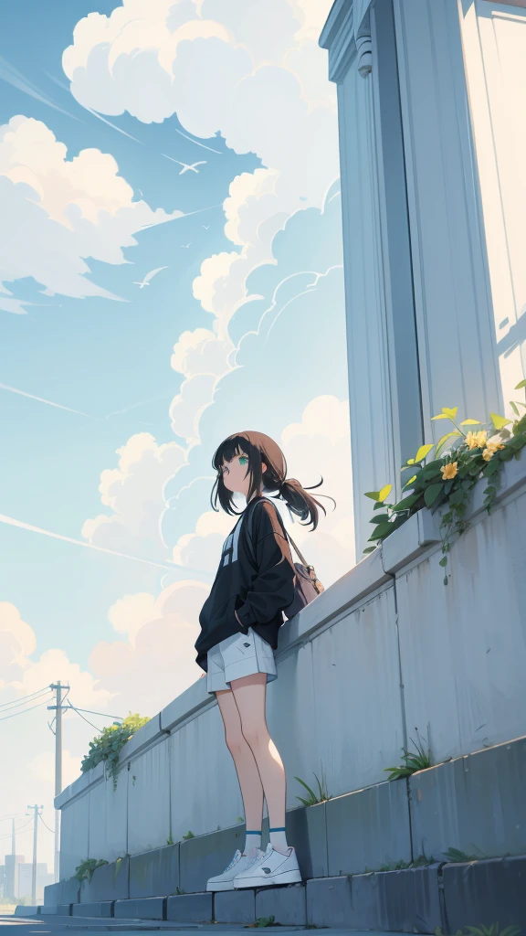 masterpiece, Exquisite detail,Highest quality, One girl, alone, handrail, cloud, Looking up at the buildings,Long Hair, NULL, Long sleeve, sneakers, Power lines, White footwear, Black Hair, View your viewers, Electric pole, bangs, cloudy NULL, fish, bird, Green Eyes, Shorts, Day, Black Shirt, barefoot,Whale flying in the sky,Giant whale