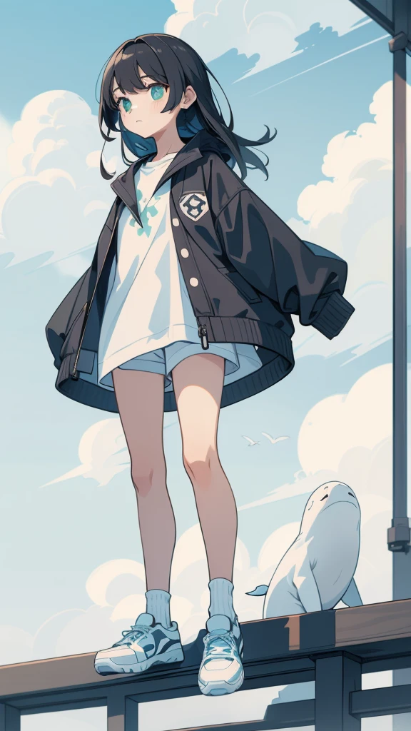 masterpiece, Exquisite detail,Highest quality, One girl, alone, handrail, cloud, Looking up at the buildings,Long Hair, NULL, Long sleeve, sneakers, Power lines, White footwear, Black Hair, View your viewers, Electric pole, bangs, cloudy NULL, fish, bird, Green Eyes, Shorts, Day, Black Shirt, barefoot,Whale flying in the sky,Giant whale