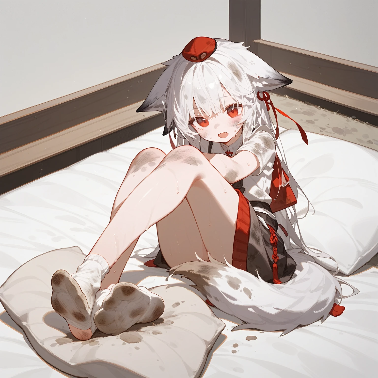 1 girl,dirty,foot,foot底,Red Eyes，breast,solitary,Long hair,White hair,,foot趾,foot部焦点,Looking at the audience,sit,Sweat,open mouth,dirty foot,Keep,indoor,Pillow,Bangs，White knee socks，Fox ears，There&#39;foot的泥土，White clothes，kimono，Japanese style，dirtyPillow，dirty床，女孩周围堆满Pillow，女孩踩踏2着Pillow，大量Pillow，Pillow上肮脏，,(Deluxe Rococo Canopy King Bed),On a big and spacious bed,(),,,,Luxurious curtains with ornate ruffles and ribbons surround the bed,((((There are many pillows piled on the bed)))),Detail of Quilt,Detailed bed sheets