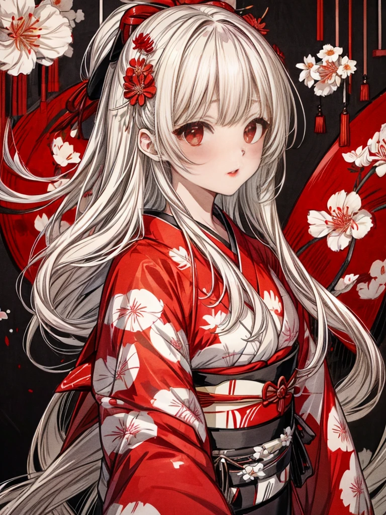 A girl in a kimono standing with a Japanese sword, White medium hair, Red eyes, Red lips, Kimono with red spider lilies on a black background, Red splash pattern on a black background, super high quality, Ultra-fine detail, Ultra-thin kimono pattern,Japanese geometric pattern background、