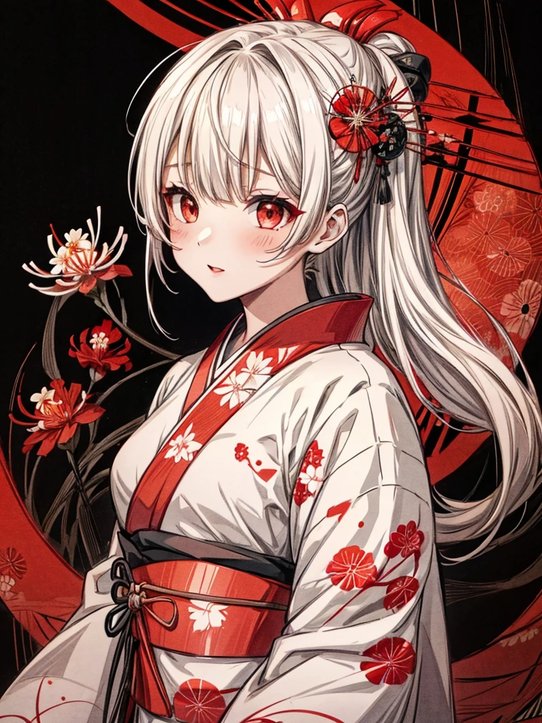 A girl in a kimono standing with a Japanese sword, White medium hair, Red eyes, Red lips, Kimono with red spider lilies on a black background, Red splash pattern on a black background, super high quality, Ultra-fine detail, Ultra-thin kimono pattern,Japanese geometric pattern background、