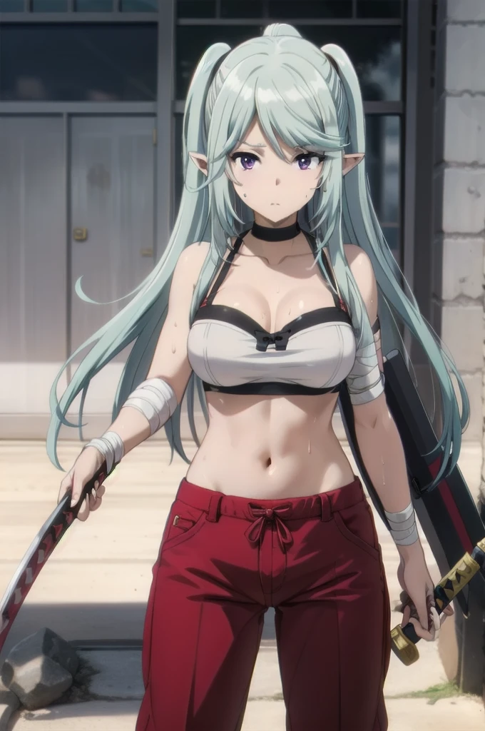 masterpiece, best quality, highres, fairy tail, 1girl, long hair, ponytail, white ribbon,blue hair,,long hair,purple eyes,pointy ears,elf,, large breasts, collarbone, chest sarashi, bandage, bare arms, midriff, red hakama, red pants, standing, holding weapon, sword, katana, outdoors, muscular female, sweating, wet, steaming body,
