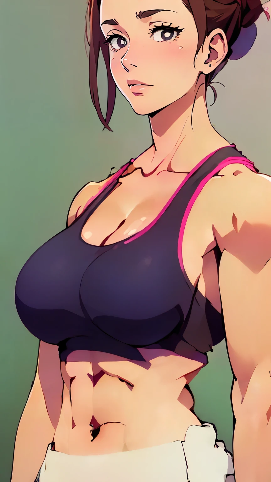 Best Quality, Masterpiece, Ultra High Resolution, (Realisticity: 1.4), Original Photo, 1girl, Pink Off-the-Shoulder, Cinematic Lighting,sumireko ogawa, 1girl, solo, , jacket, track jacket, hair bun, upper body, blush, single hair bun,  looking at viewer, large breasts, very muscular female 