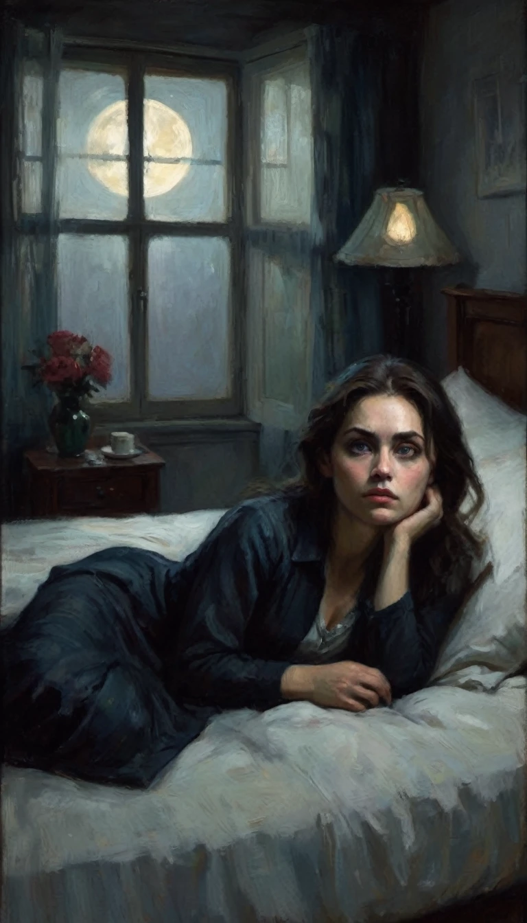 Emily lying in bed at night, eyes wide open, listening intently. The room is dimly lit by moonlight through the window, casting eerie shadows on the walls. The expression on her face is a mix of fear and curiosity.
