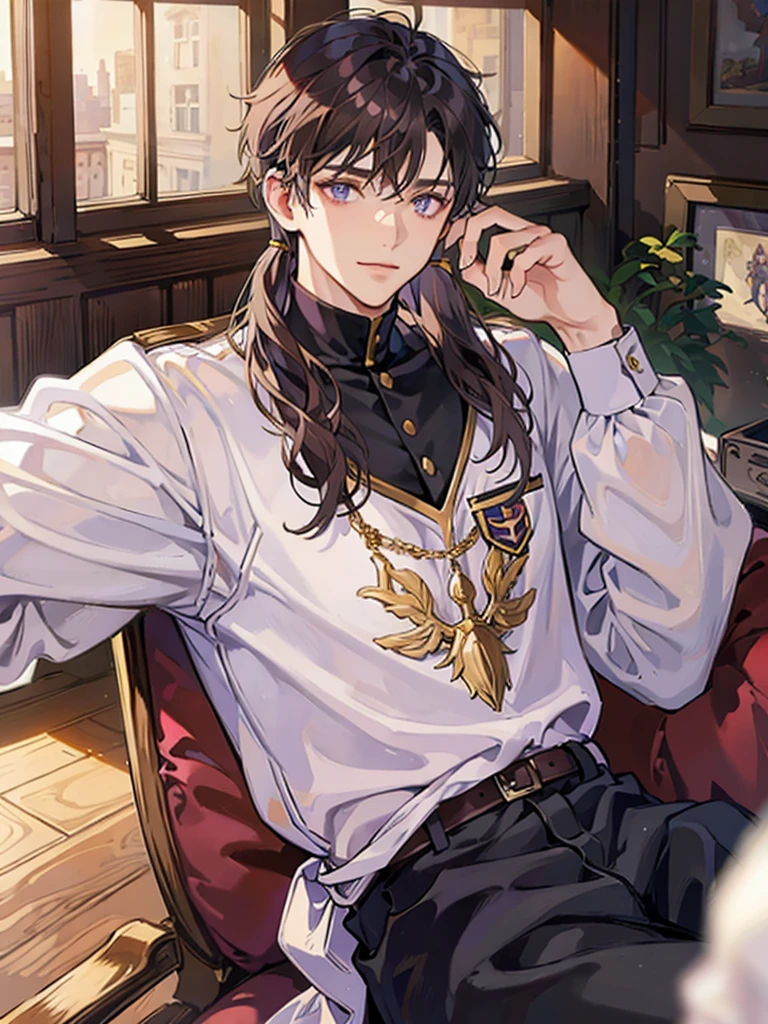 boy, purple eyes, brown curry hair, wear uniform, not smile