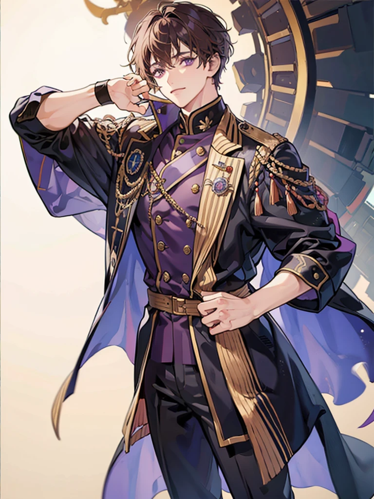 boy, purple eyes, brown curry hair, wear uniform, not smile