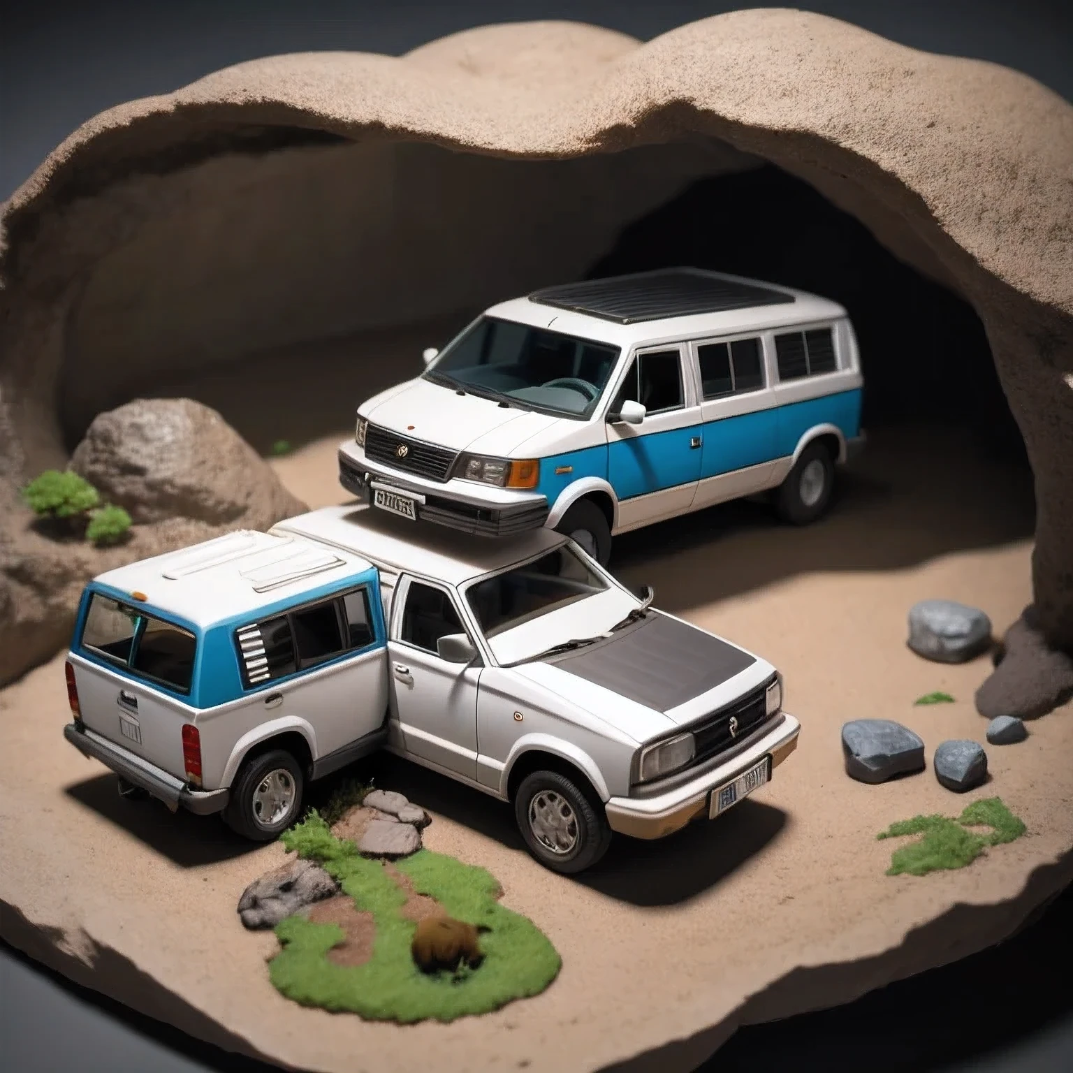 there is a small model of a camper van in a cave, stylized 3d render, 3d illustration, 3 d illustration, highly detailed diorama, 3 d low poly render, 3d low poly render, low poly 3 d, highly detailed sculpey diorama, lowpoly, low poly render, diorama model, low poly 3 d render, diorama