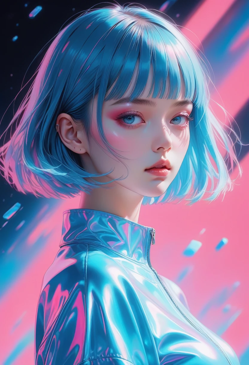 score_9, score_8_up, score_7_up, score_6_up, score_5_up, score_4_up, source_anime, 2.5D, delicate and dynamic depiction, pop art drawn only in fluorescent light blue, fluorescent pink and iridescent, cool beauty, bob cut with blunt bangs, attractive and seductive expression, loose clothing, great proportions, Infinite space fantasy wonderland, zero gravity, iridescent dust rises, paranormal effects