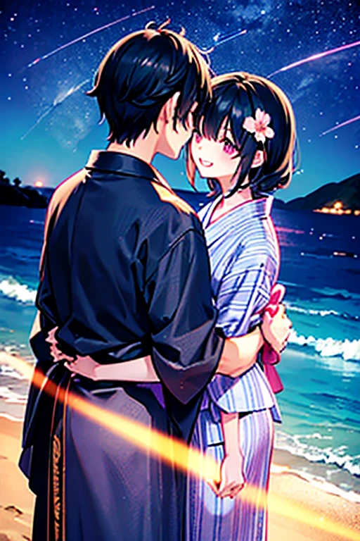 View of a beach with a body of water under the stars,Meteor-like path,浴衣を着た大人のmalefemaleのカップル,laughing,Gazing at each other,Kiss each other,romantic,Two people making love in a beautiful place,Tanabata,I can see the silhouette,Black Hair_male,Black yukata_male,Straight Hair_male,Dark Chestnut Hair_female,Pale pink yukata_female,Floral Yukata_female,Flower Hair Ornaments_female,Shadow,Beautiful views