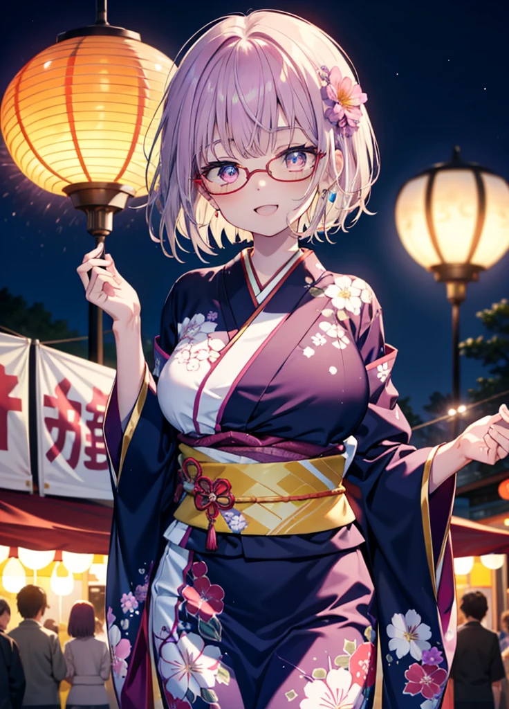 akaneshinjou, shinjou akane, Light purple hair, (Pink Eyes:1.2), happy smiles, Flower Hair Ornaments,smile, Open your mouth,short hair,Red-rimmed glasses,Big Breasts,Purple kimono,Long skirt,Thick sleeves,Japanese Festivals,Summer festival food stalls,Red Lantern,firework,場所はfirework大会、Time is night,Are standing,whole bodyがイラストの中に入っていくように,
break looking at viewer, whole body, break indoors, room, break (masterpiece:1.2), Highest quality, High resolution, unity 8k wallpaper, (shape:0.8), (Beautiful and beautiful eyes:1.6), Highly detailed face, Perfect lighting, Extremely detailed CG, (Perfect hands, Perfect Anatomy),