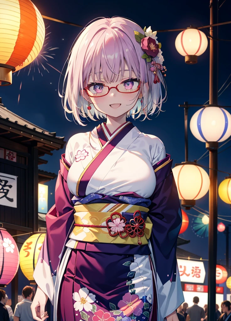 akaneshinjou, shinjou akane, Light purple hair, (Pink Eyes:1.2), happy smiles, Flower Hair Ornaments,smile, Open your mouth,short hair,Red-rimmed glasses,Big Breasts,Purple kimono,Long skirt,Thick sleeves,Japanese Festivals,Summer festival food stalls,Red Lantern,firework,場所はfirework大会、Time is night,Are standing,whole bodyがイラストの中に入っていくように,
break looking at viewer, whole body, 　　　　　　　　break indoors, room,　　　　　　　　　　 　　　break (masterpiece:1.2), Highest quality, High resolution, unity 8k wallpaper, (shape:0.8), (Beautiful and beautiful eyes:1.6), Highly detailed face, Perfect lighting, Extremely detailed CG, (Perfect hands, Perfect Anatomy),